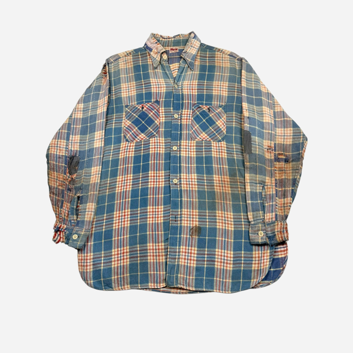 1940s Pilgrim distressed & repaired cotton flannel (L)