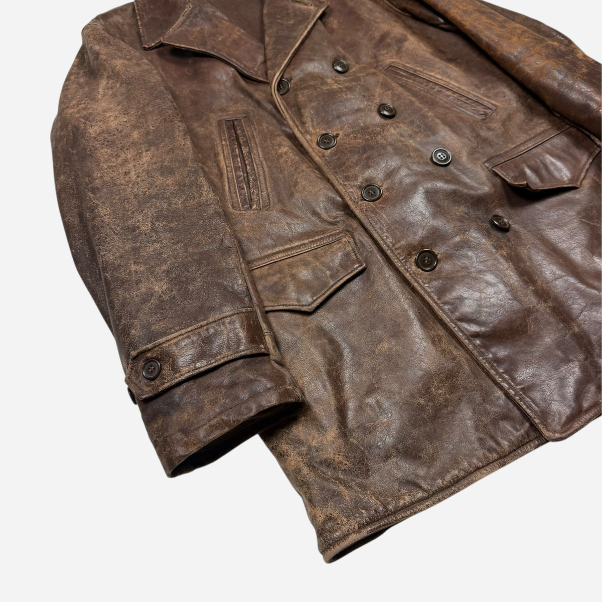 1930s Brown leather double breasted car coat (L/XL)