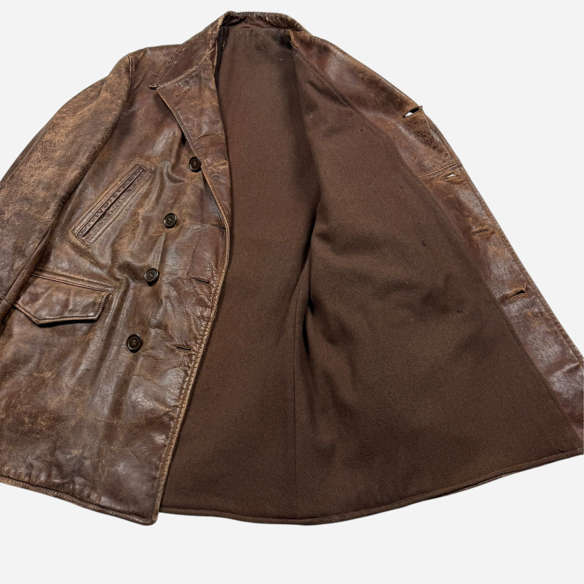 1930s Brown leather double breasted car coat (L/XL)