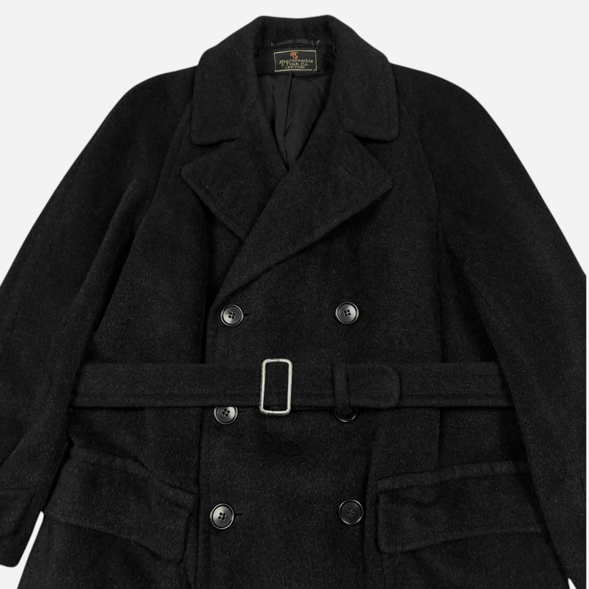 1930s Abercrombie & Fitch black double breasted wool belted long coat (L)