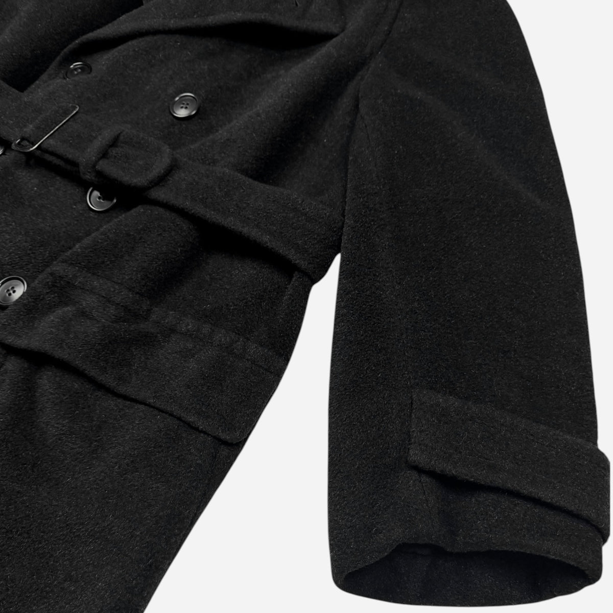 1930s Abercrombie & Fitch black double breasted wool belted long coat (L)