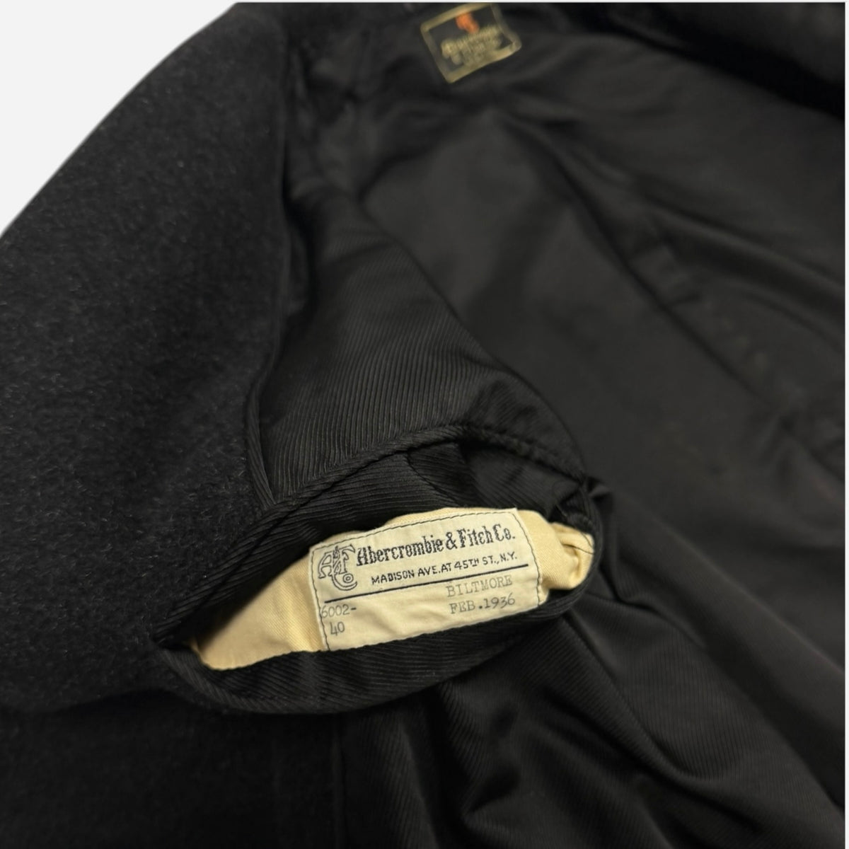 1930s Abercrombie & Fitch black double breasted wool belted long coat (L)