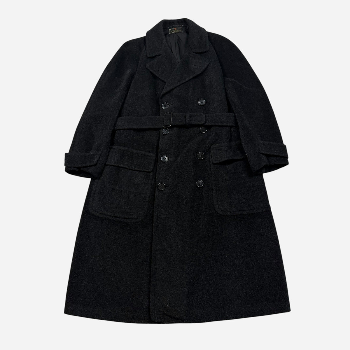 1930s Abercrombie & Fitch black double breasted wool belted long coat (L)
